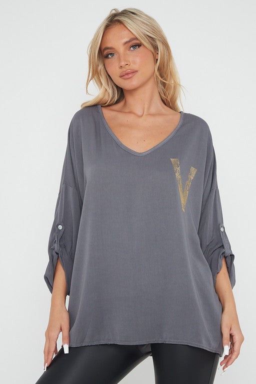 One Size 'V' Embellished V Neck Top