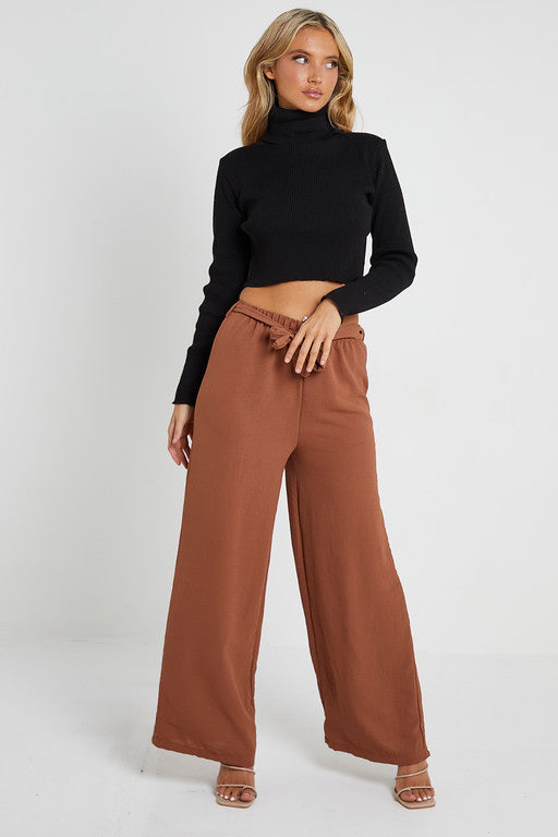 Elasticated Waist Belted Straight Flare Crepe Trousers