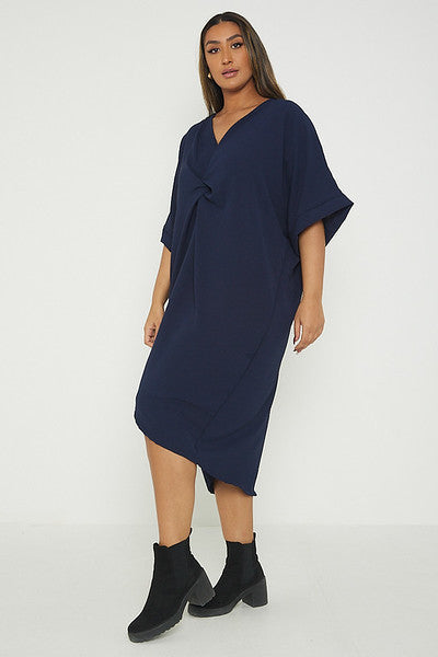 One Size Twist Front Mid Sleeve Midi Tunic Dress