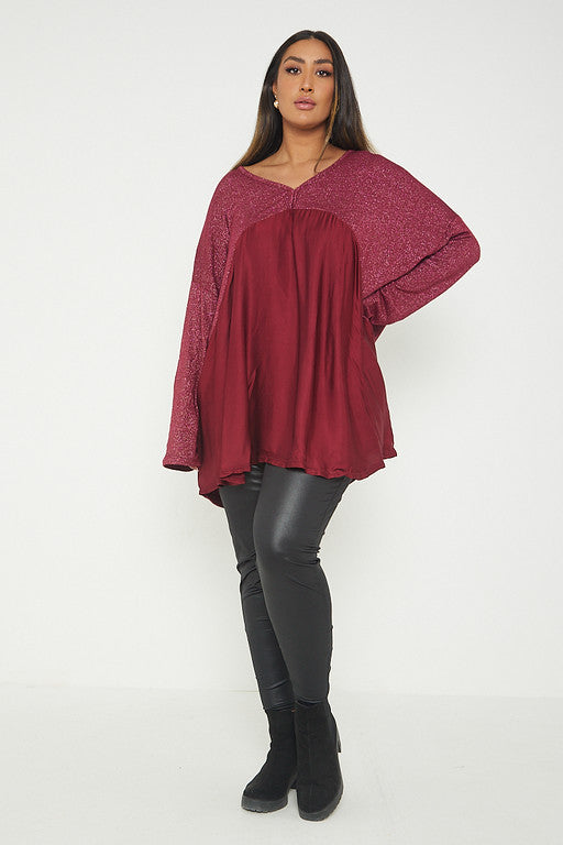 One Size Lurex Shimmer V Neck Knitted Top With Satin Front