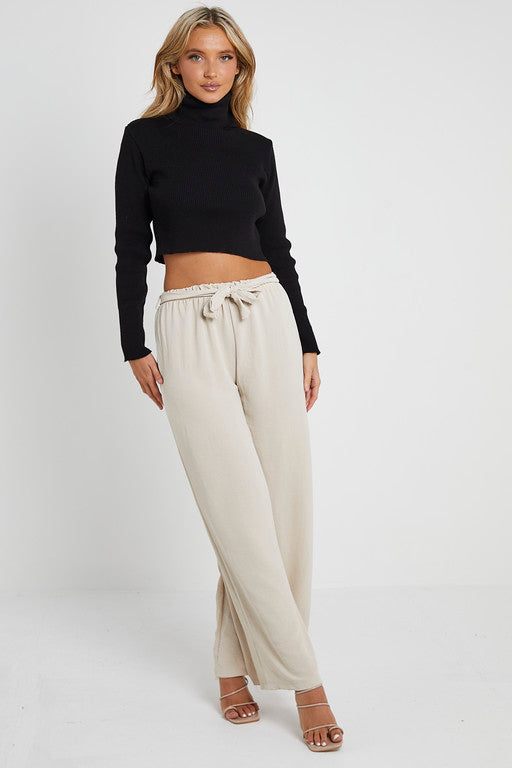 Elasticated Waist Belted Straight Flare Crepe Trousers