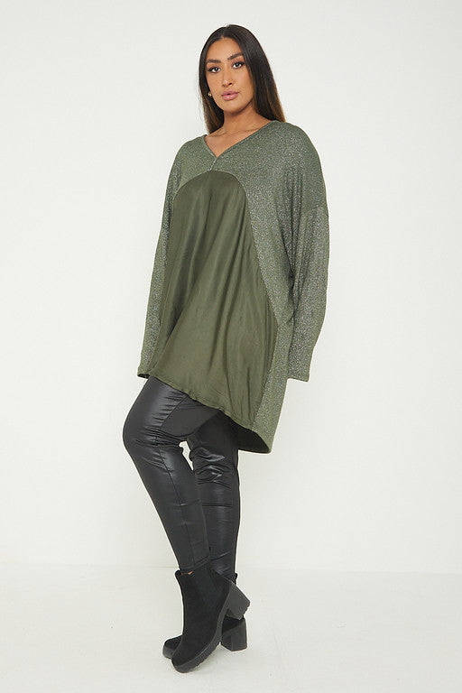One Size Lurex Shimmer V Neck Knitted Top With Satin Front