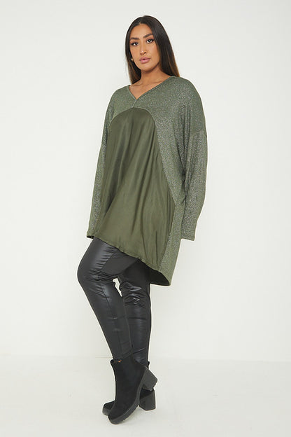One Size Lurex Shimmer V Neck Knitted Top With Satin Front