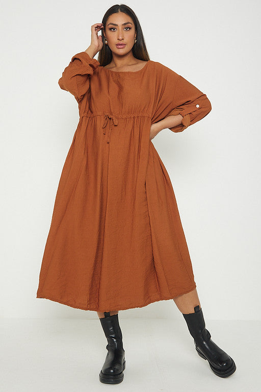 One Size  Crepe Turn Up Sleeve Pocket Midi Long Dress