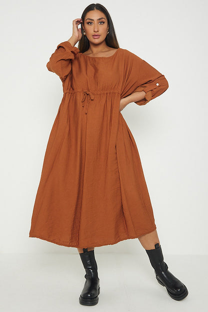 One Size  Crepe Turn Up Sleeve Pocket Midi Long Dress