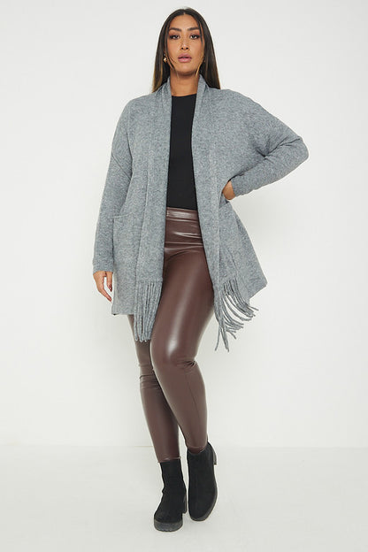 One Size Fringe Hem Pocket Cardigan Jumper