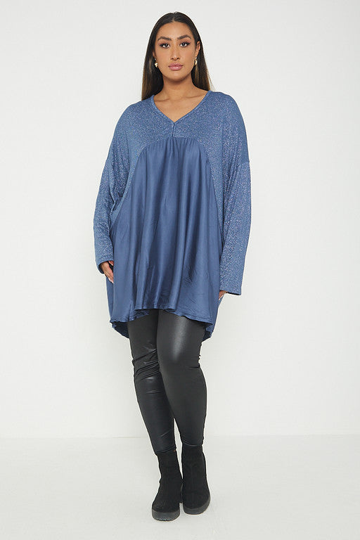 One Size Lurex Shimmer V Neck Knitted Top With Satin Front