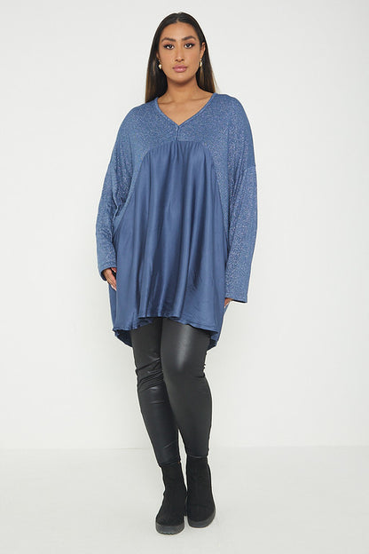 One Size Lurex Shimmer V Neck Knitted Top With Satin Front