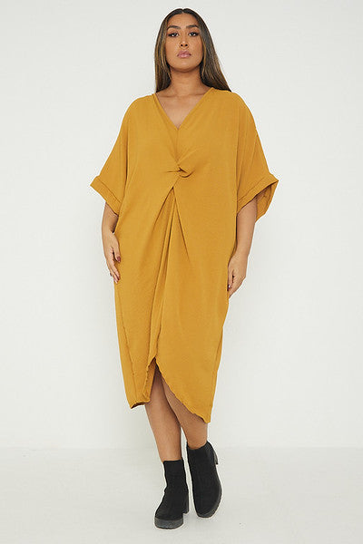 One Size Twist Front Mid Sleeve Midi Tunic Dress