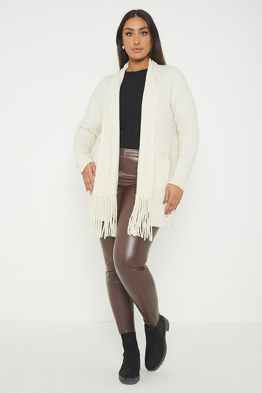 One Size Fringe Hem Pocket Cardigan Jumper