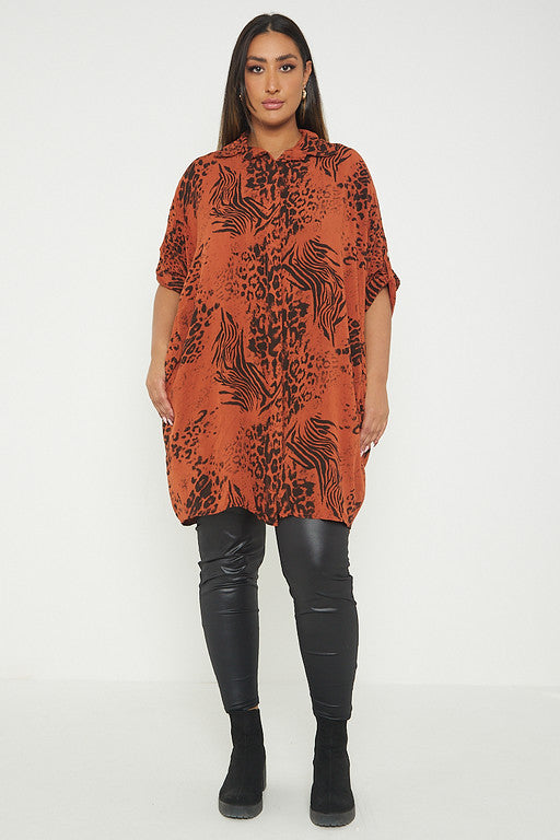 One Size Animal Print Turn Up Sleeve Shirt With Pockets