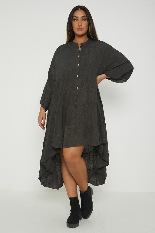 One Size Crinkle Lurex Long Dip Hem Shirt Dress