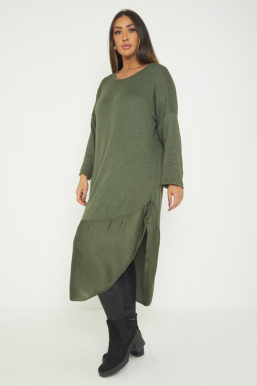 One Size Round Neck Knitted Jumper Dress With Satin Hem
