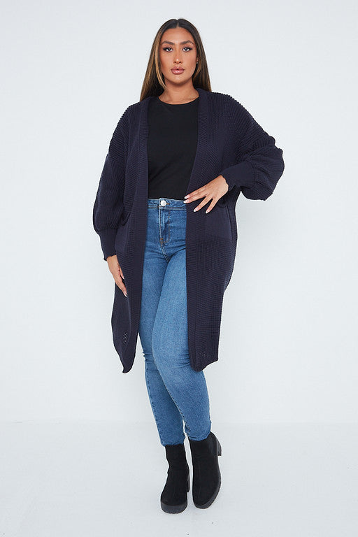 One Size Mid Length Knit Pocket Cardigan