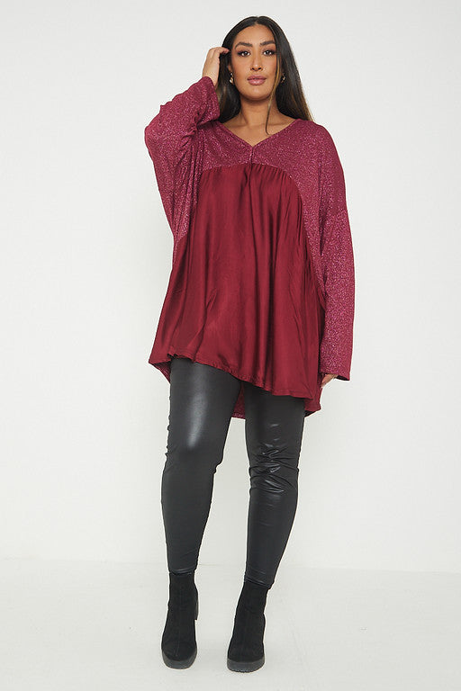 One Size Lurex Shimmer V Neck Knitted Top With Satin Front