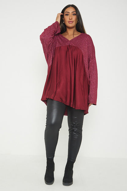 One Size Lurex Shimmer V Neck Knitted Top With Satin Front