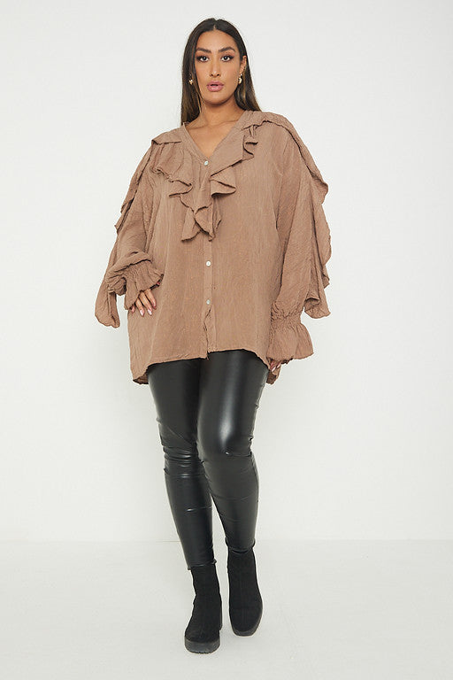 One Size Ruffle Detail Crinkle Lurex Shirt Blouse