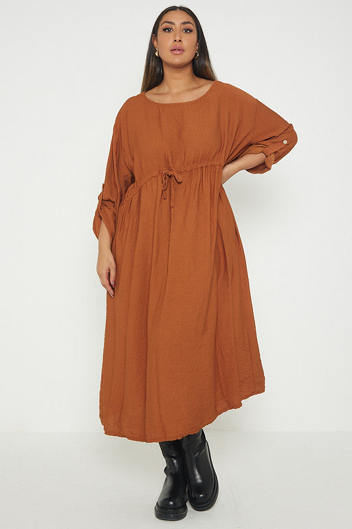 One Size  Crepe Turn Up Sleeve Pocket Midi Long Dress