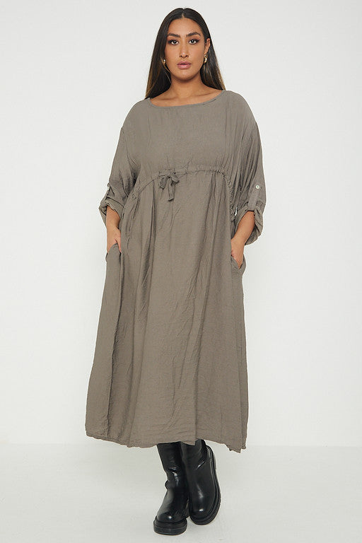One Size  Crepe Turn Up Sleeve Pocket Midi Long Dress
