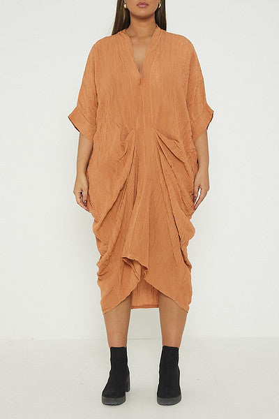 One Size V Neck Gathered Tunic Maxi Dress