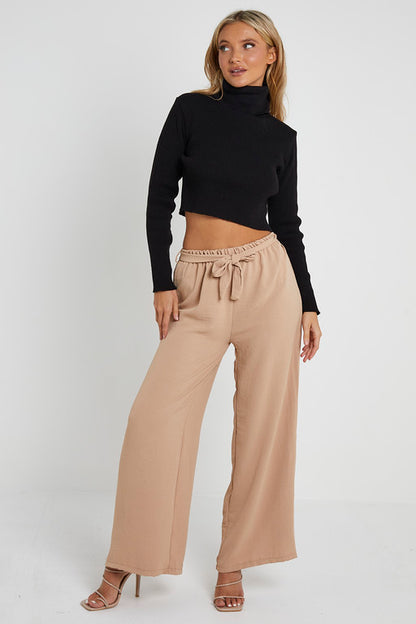 Elasticated Waist Belted Straight Flare Crepe Trousers