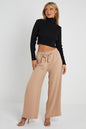 Elasticated Waist Belted Straight Flare Crepe Trousers