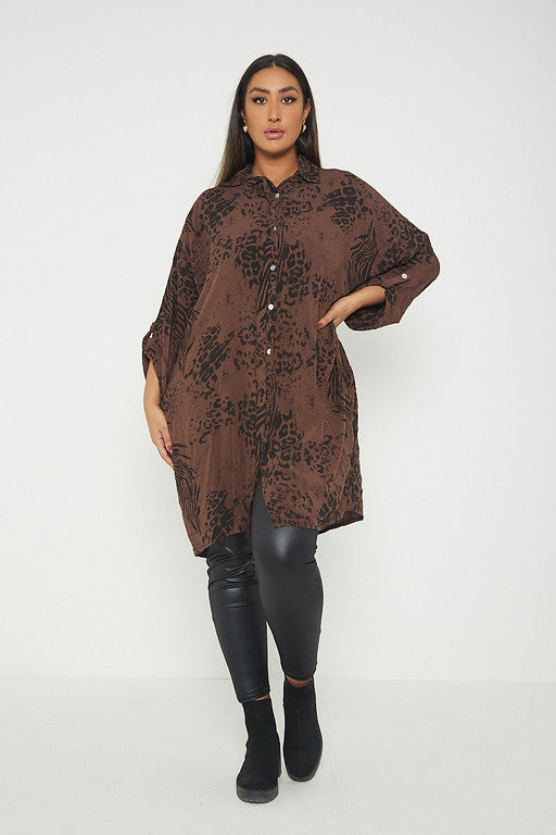 One Size Animal Print Turn Up Sleeve Shirt With Pockets