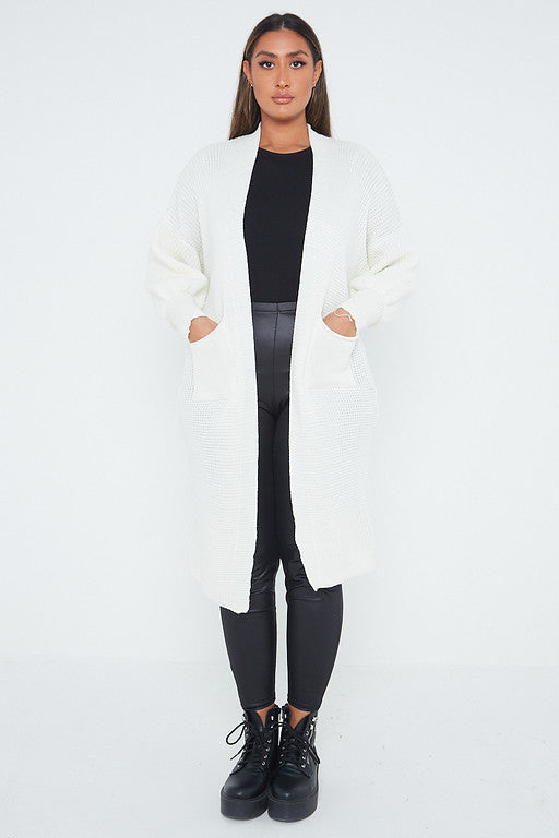 One Size Mid Length Knit Pocket Cardigan