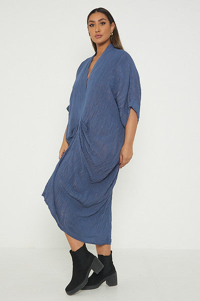 One Size V Neck Gathered Tunic Maxi Dress