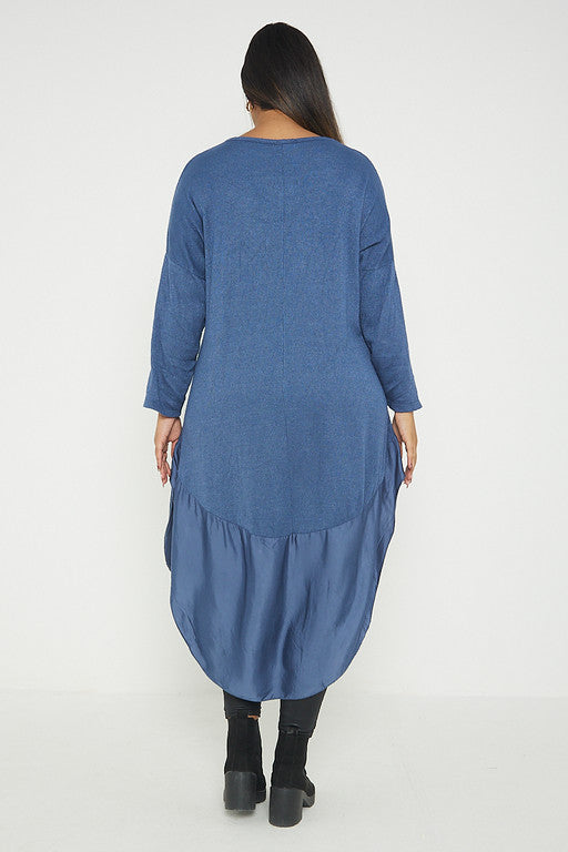 One Size Round Neck Knitted Jumper Dress With Satin Hem