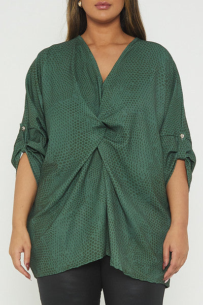 One Size Snake Print Twist Front Turn Up Sleeve Blouse
