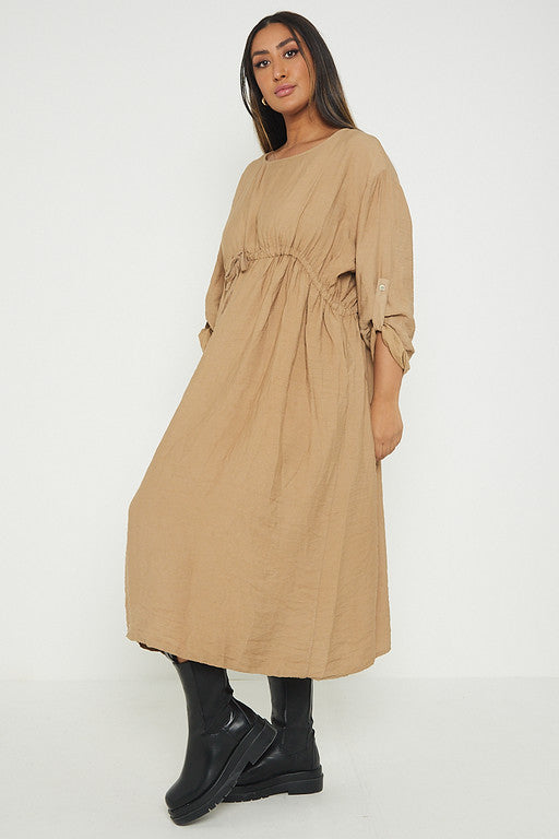 One Size  Crepe Turn Up Sleeve Pocket Midi Long Dress