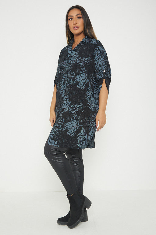 One Size Animal Print Turn Up Sleeve Shirt With Pockets