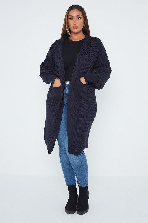 One Size Mid Length Knit Pocket Cardigan