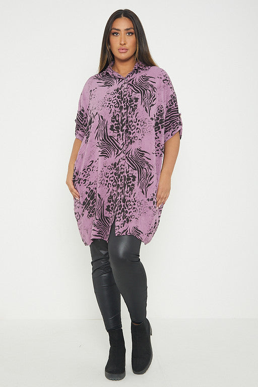 One Size Animal Print Turn Up Sleeve Shirt With Pockets