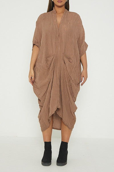 One Size V Neck Gathered Tunic Maxi Dress