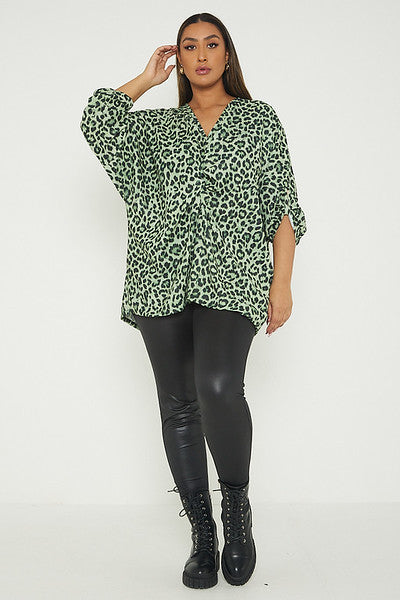 One Size Leopard Print Twist Front Turn Up Sleeve Blouse