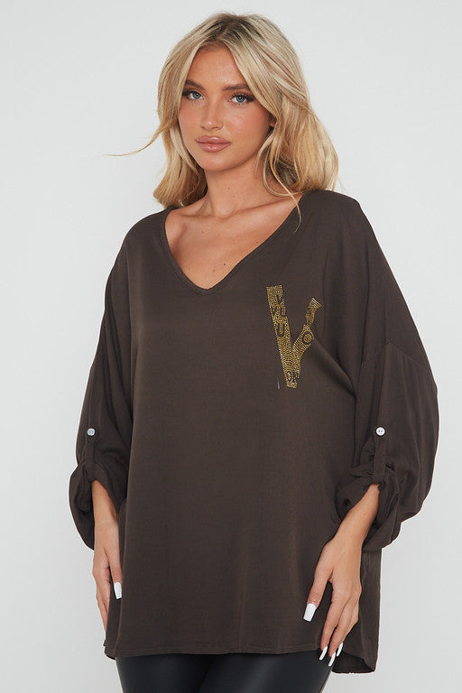 One Size 'V' Embellished V Neck Top