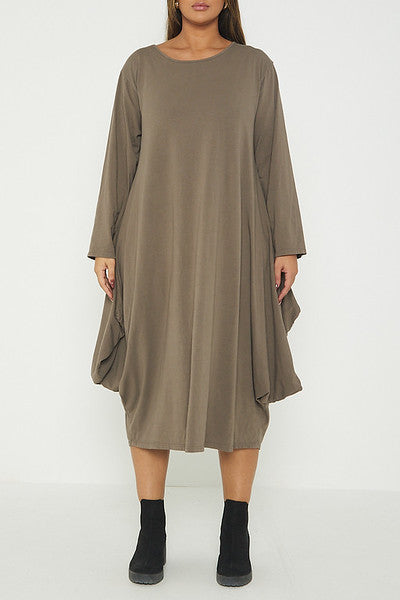 One Size Long Sleeved Waterfall Hem Midi Dress