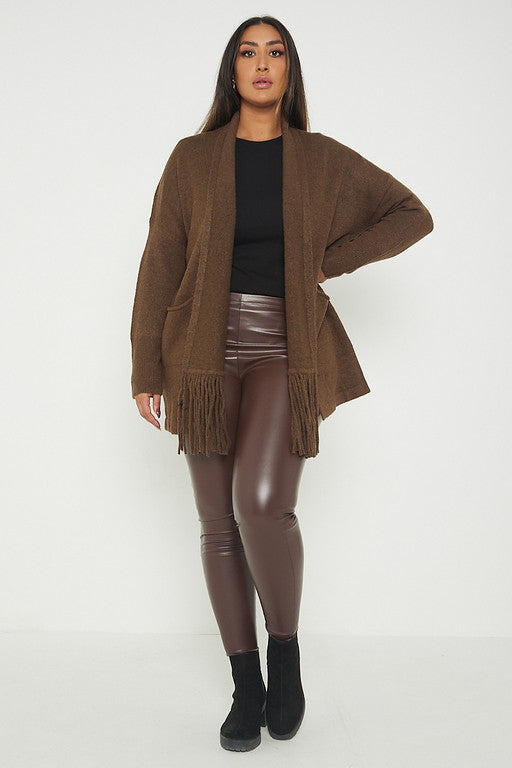 One Size Fringe Hem Pocket Cardigan Jumper