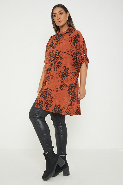 One Size Animal Print Turn Up Sleeve Shirt With Pockets