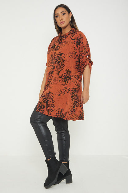 One Size Animal Print Turn Up Sleeve Shirt With Pockets