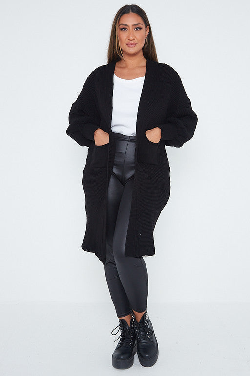 One Size Mid Length Knit Pocket Cardigan