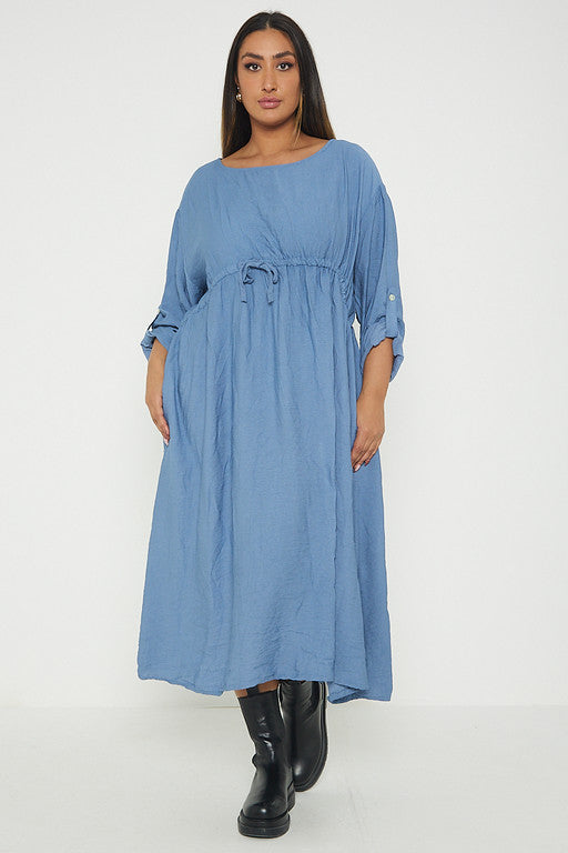 One Size  Crepe Turn Up Sleeve Pocket Midi Long Dress
