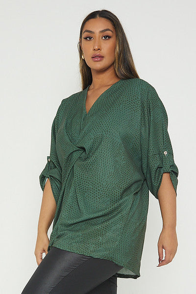 One Size Snake Print Twist Front Turn Up Sleeve Blouse