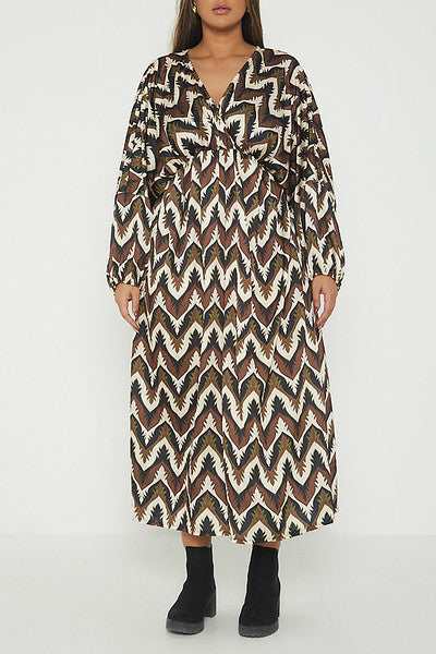 One Size Abstract Print Balloon Sleeve Maxi Long Dress