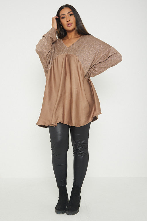 One Size Lurex Shimmer V Neck Knitted Top With Satin Front