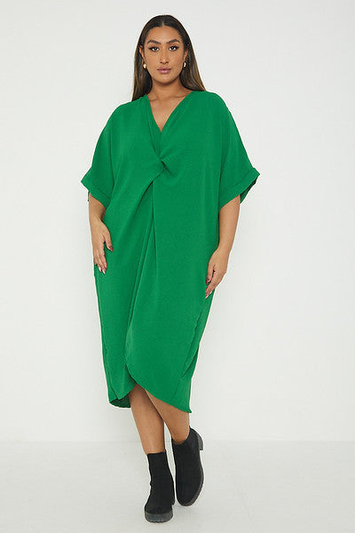 One Size Twist Front Mid Sleeve Midi Tunic Dress