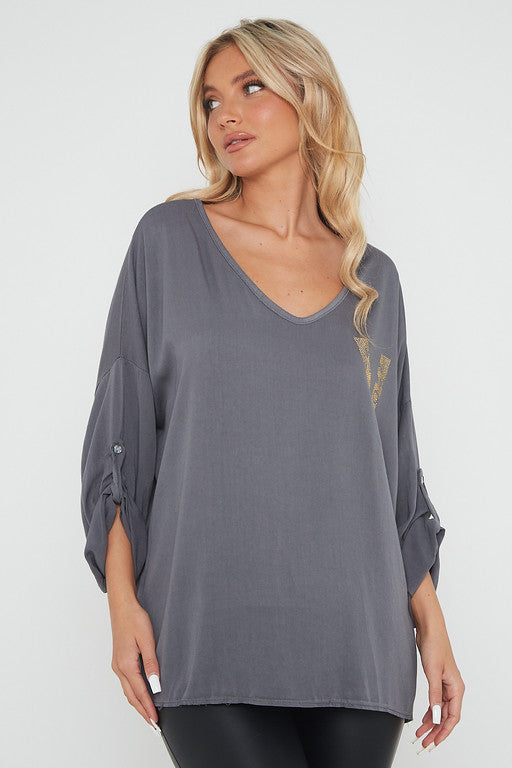 One Size 'V' Embellished V Neck Top