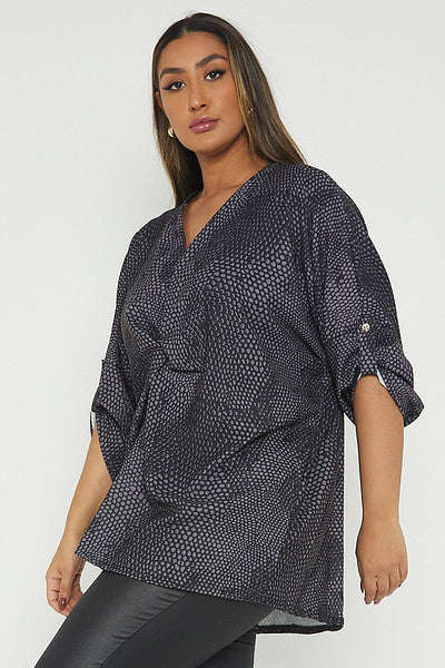 One Size Snake Print Twist Front Turn Up Sleeve Blouse